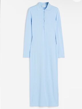 H&M Ribbed Long-Sleeve Polo Maxi Dress in Light Blue